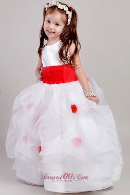 White Girl Pageant Dress Red Waistband and Flowers