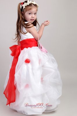 White Girl Pageant Dress Red Waistband and Flowers