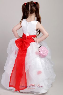 White Girl Pageant Dress Red Waistband and Flowers