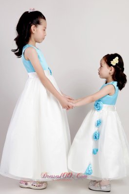 Blue and White Flower Girl Pageant Dress Hand Made Flower