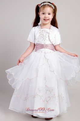 White Ankle Length Embroidery Flower Girl Pageant Dress