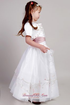 White Ankle Length Embroidery Flower Girl Pageant Dress