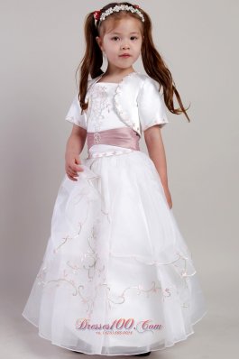 White Ankle Length Embroidery Flower Girl Pageant Dress