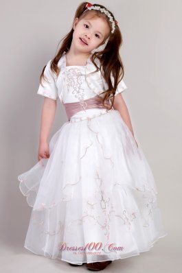 White Ankle Length Embroidery Flower Girl Pageant Dress