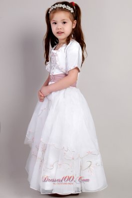 White Ankle Length Embroidery Flower Girl Pageant Dress