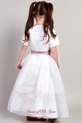 White Ankle Length Embroidery Flower Girl Pageant Dress