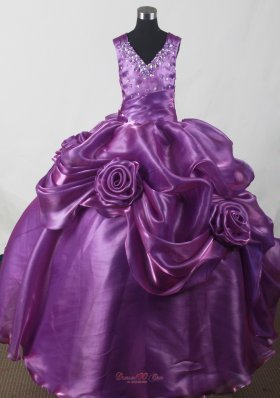 Purple Beading Little Girl Pageant Rolling Flower Dress