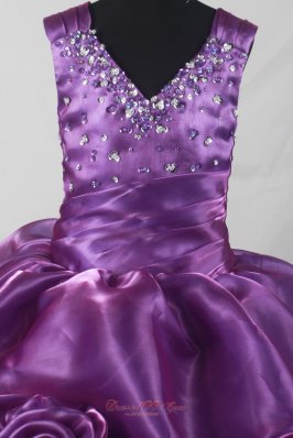 Purple Beading Little Girl Pageant Rolling Flower Dress