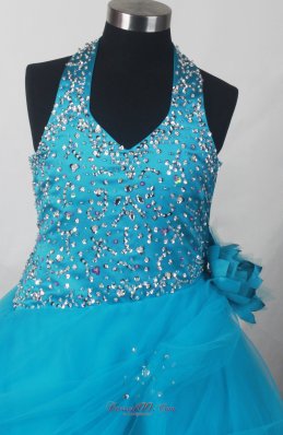 Blue Beading Toddler Pageant Dress Hand Made Flowers