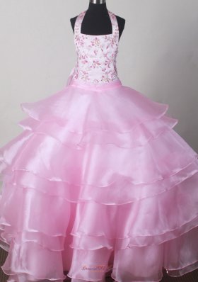 Halter Top Ligh Pink Little Girl Pageant Dresses Embroidery
