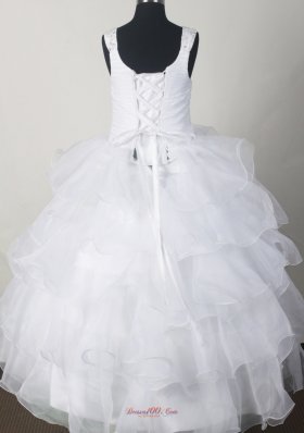 White Little Girl Pageant Dresses With Beading and Rufled Layers