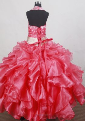 Little Girl Halter Top Red Pageant Dress Beading and Ruffles