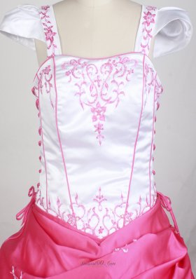 White and Hot Pink Cap Sleeves Embroidery Girl Pageant Dress