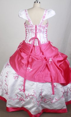 White and Hot Pink Cap Sleeves Embroidery Girl Pageant Dress