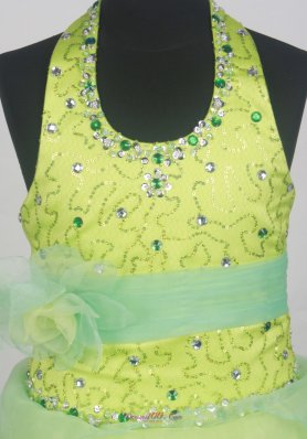 Halter Flower Girl Pageant Dress Apple Green Beading Belt