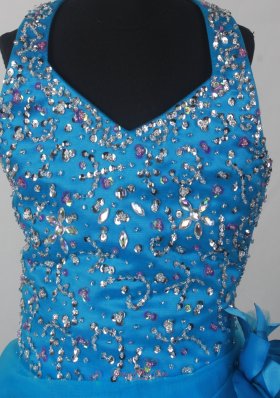 Blue Halter Neckline Flower Girl Pageant Dress With Beading