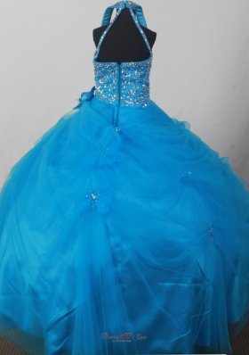 Blue Halter Neckline Flower Girl Pageant Dress With Beading