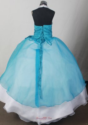 Beaded Halter Neckline Teal and White Flower Girl Pageant Dress