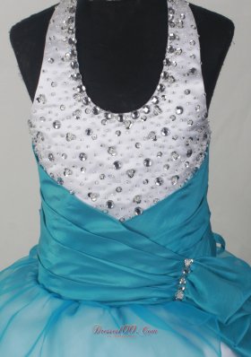 Beaded Halter Neckline Teal and White Flower Girl Pageant Dress