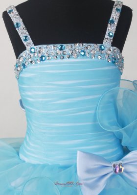 Kids Pageant Dresses Beading Bow Ruffled Layers Aqua Blue