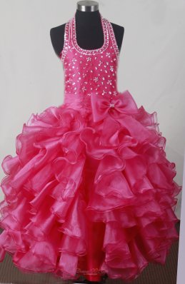 Hot Pink Bowknot Ruffles Luxurious Little Girl Pageant Dress Halter