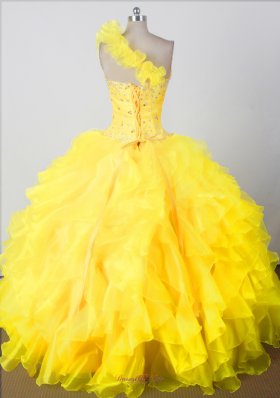 Elegant Beading Ruffles Yellow One Shouldder Pageant Dress