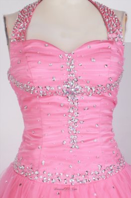 Rose Pink Haltered Beaded Ball Gown Girl Pageant Dress