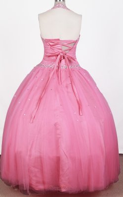 Rose Pink Haltered Beaded Ball Gown Girl Pageant Dress