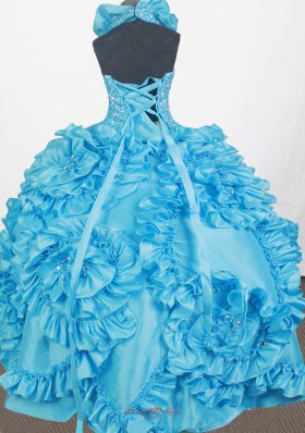 Hand Made Flowers Blue Little Girl Pageant Dress