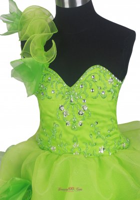 Spring Green Floral Little Girl Pageant Dress One Shoulder