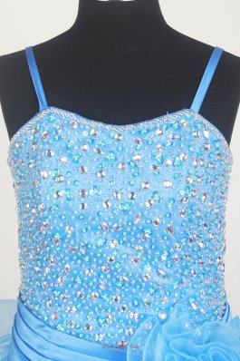 Aqua Blue Hand Made Flowers Pageant Dress With Beads