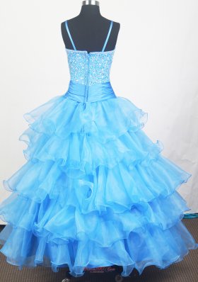 Aqua Blue Hand Made Flowers Pageant Dress With Beads