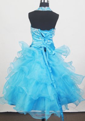 Beaded Halter Ruffled Little Girl Pageant Dresses Aqua Blue