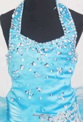 Beaded Halter Ruffled Little Girl Pageant Dresses Aqua Blue