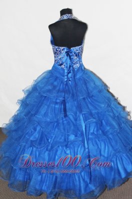 Royal Blue Beading Ruffled Flower Girl Pageant Dress