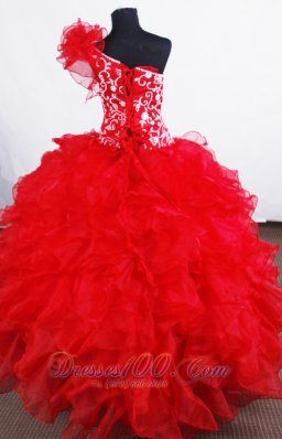 Blood Red One Shoulder Ruffled Pageant Dress Embroidery