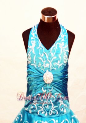 Teal Blue Halter Top Rhinestone Brooch Pageant Dress