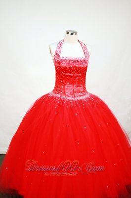 Bright Red Halter Top Beading Flower Girl Dress