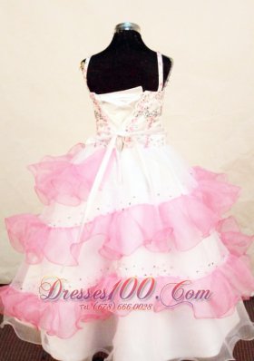 Pretty Pink and White Pageant Dress Beaded With Ruffles