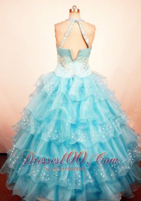 Cascading Ruffles Aqua Blue Pageant Gowns Beaded Halter