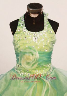 Halter Yellow Green Pageant Gowns Floral Sash Tiered