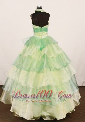 Halter Yellow Green Pageant Gowns Floral Sash Tiered