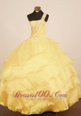 One Shulder Beaded Yellow Pageant Gowns Tiered for Girls