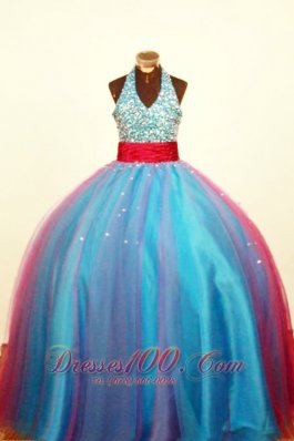 Heavy Sequined Empire Blue Pageant Dress Halter Sash