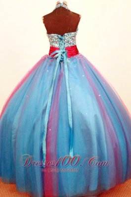 Heavy Sequined Empire Blue Pageant Dress Halter Sash