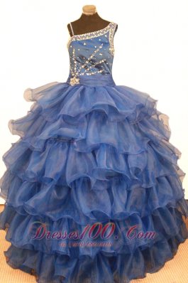 Cascading Ruffles Blue Pageant Gowns Asymmetrical Beaded