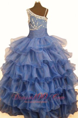 Cascading Ruffles Blue Pageant Gowns Asymmetrical Beaded