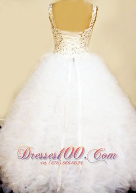 Corset Straps Beaded White Pageant Dresses Ruffles Sash