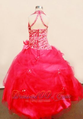 Beaded Crismon Red Pageant Ball Gowns Halter Floral