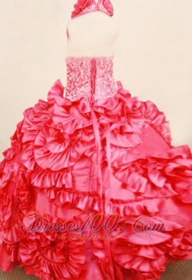 Unique Design Coral Red Pageant Dresses Rolling Flowers